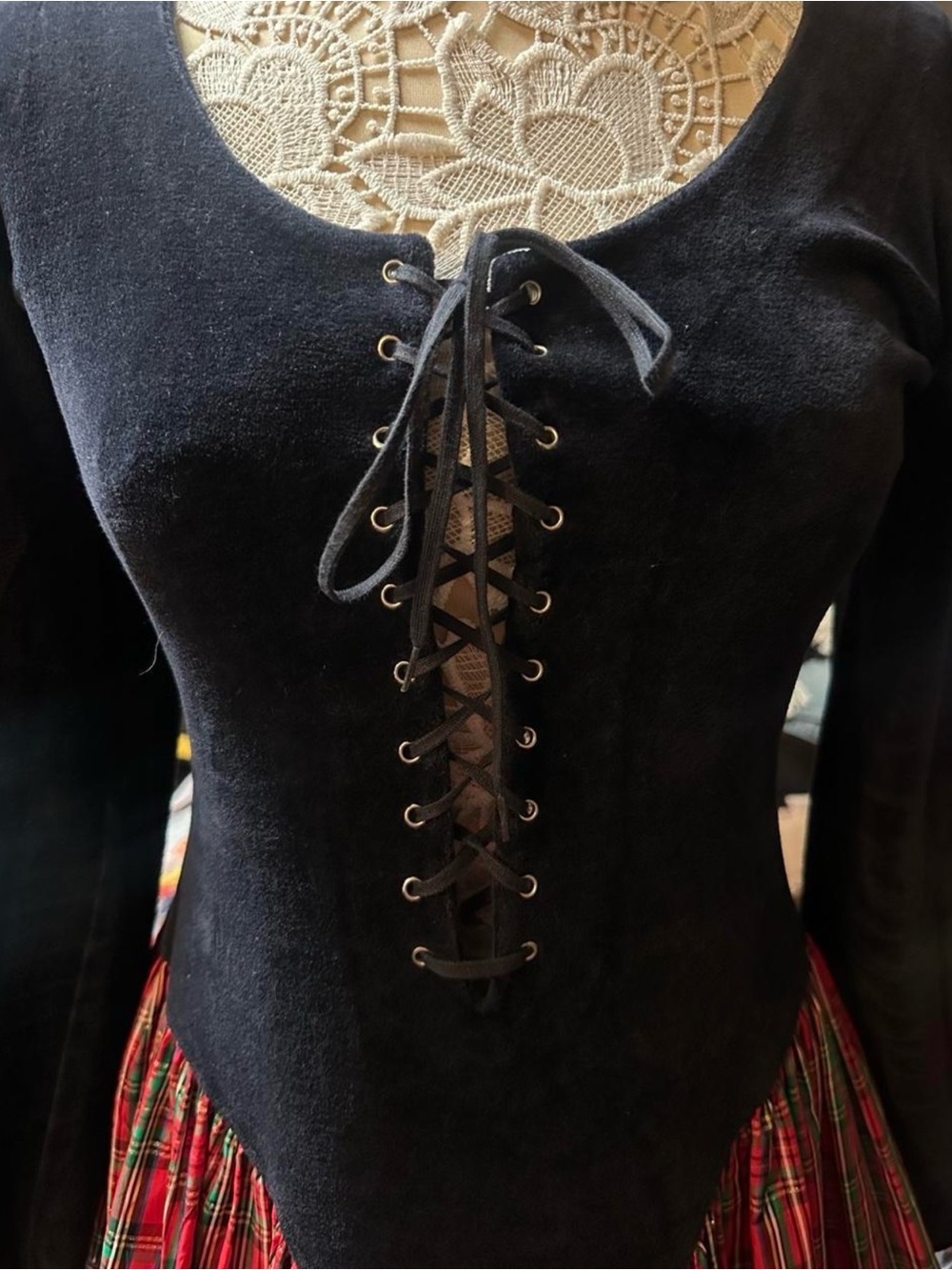 Betsey Johnson Black Lace-Up Bodice Red Tartan Skirt Dress - Picture 4 of 10